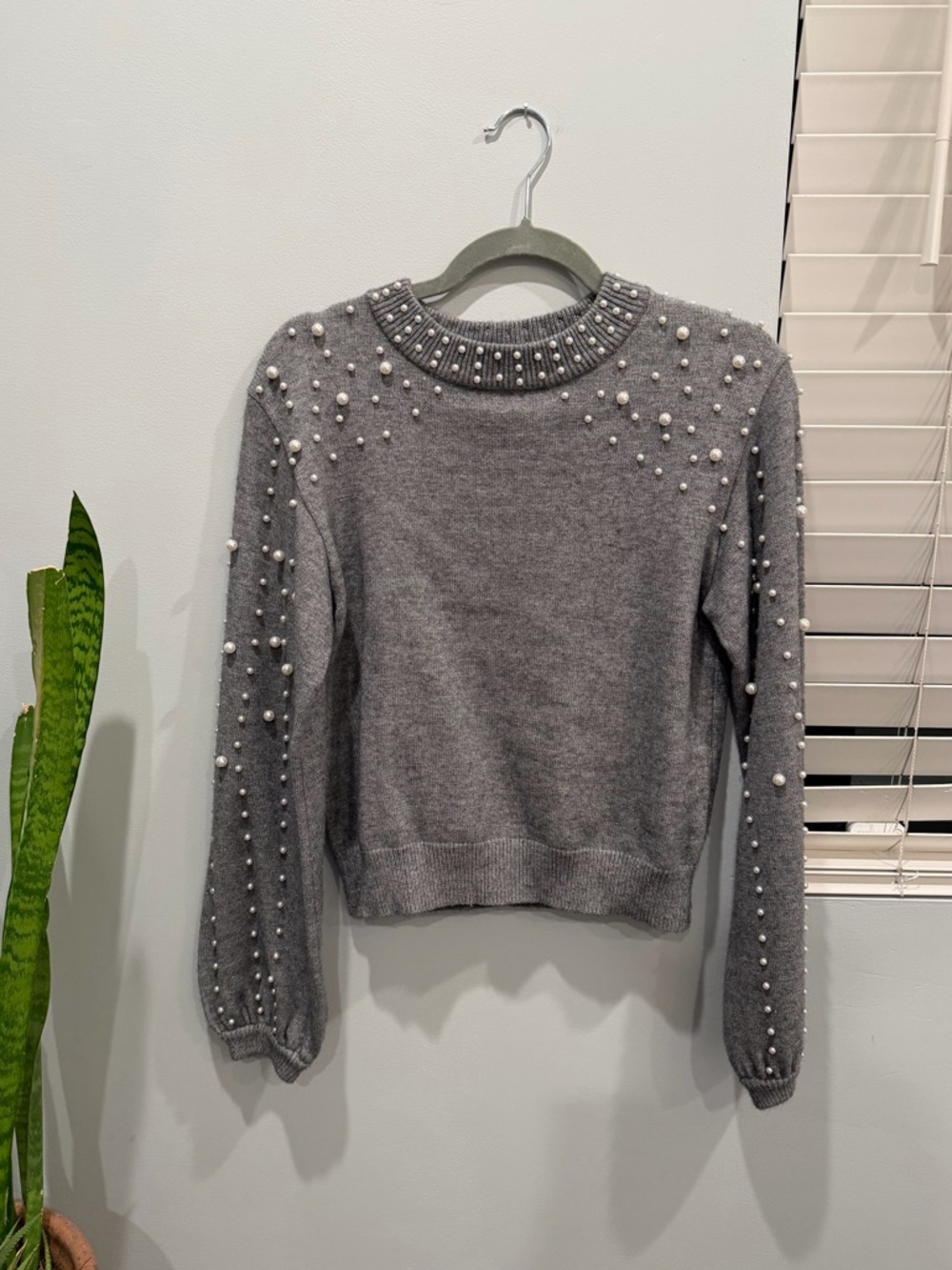Lucy Paris Gray Pearl-Embellished Crewneck Sweater